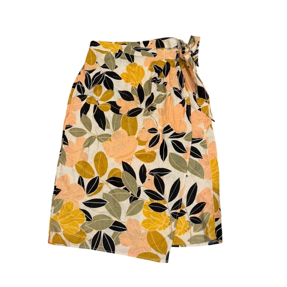 Rachel Zoe Floral Linen Wrap Skirt Mustard Yellow Peach Green Midi Skirt Boho M